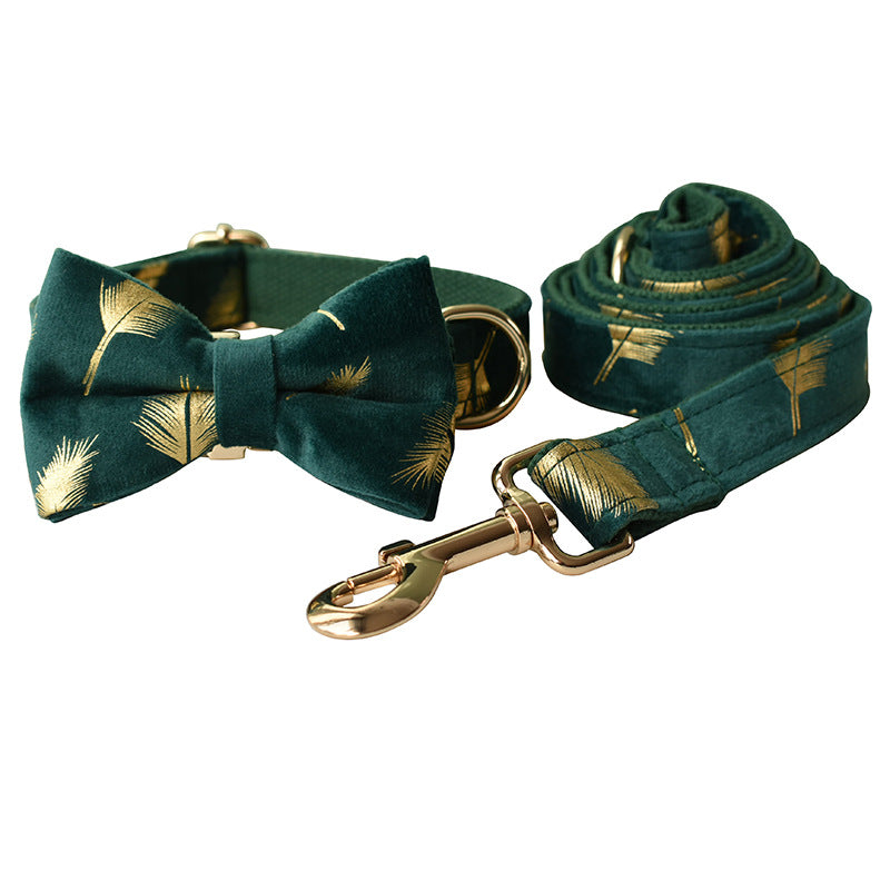 Emerald Feather Pattern Pet Collar Bow Leash Set