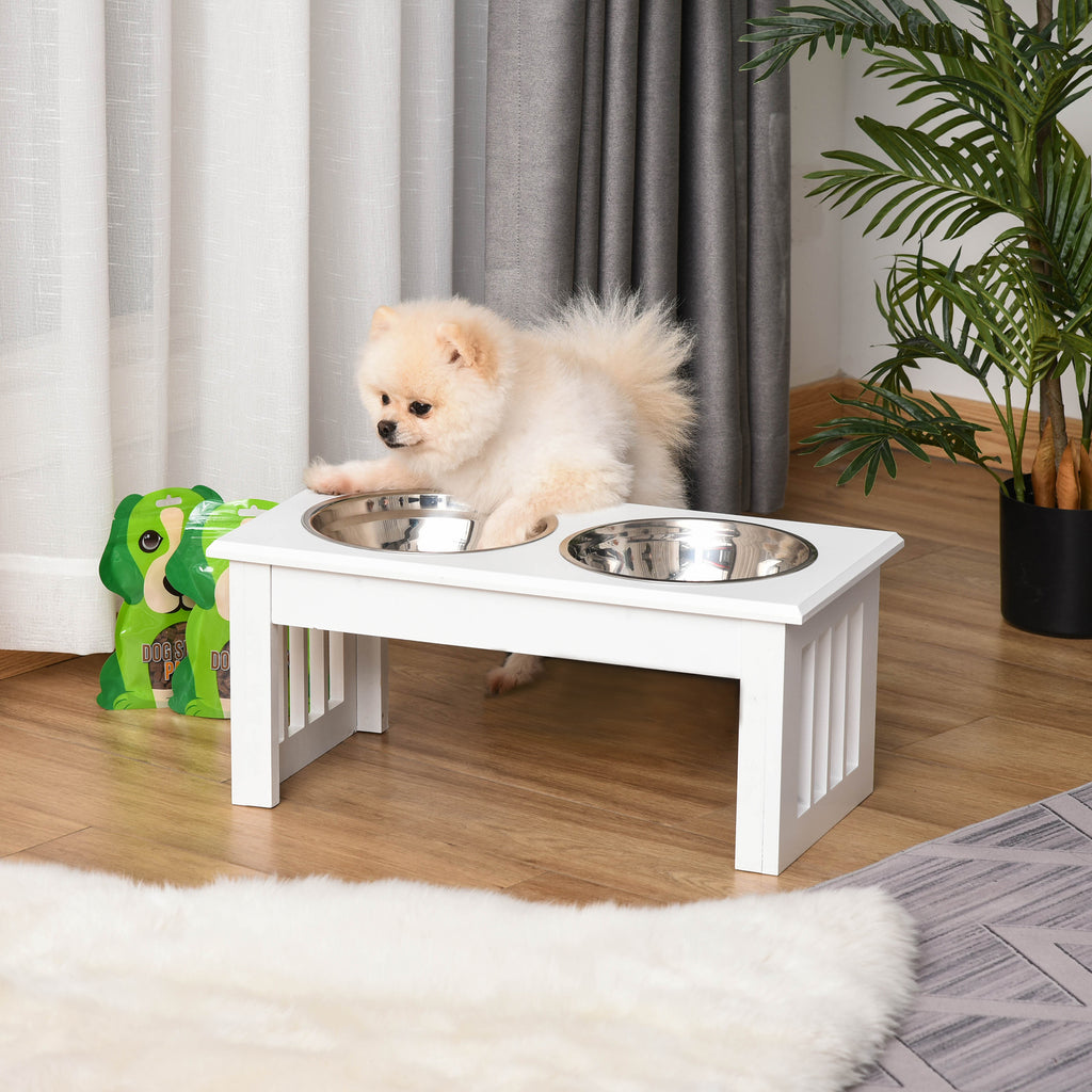 6" Height Small Puppy Dog Feeding Station For Messy Pets, Stainless Steel Elevated Dog Bowls With Modern Wooden Frame, Dog Food Stand Pet Fe