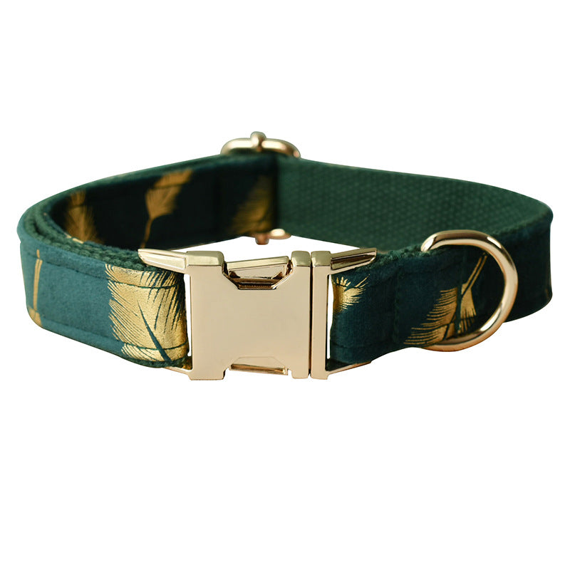 Emerald Feather Pattern Pet Collar Bow Leash Set