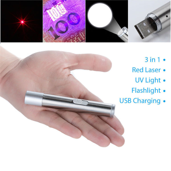 2Pcs 3 In1 1Mw Usb Rechargeable Pet Toy Pen Flashlight Red Laser Beam Uv Light 3-Modes Lamp