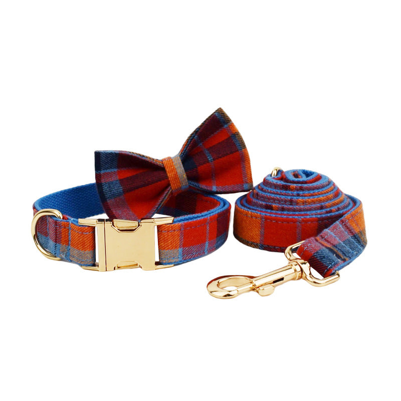 Blue Background Velvet Plaid Dog Collar Hand Holding Rope Pet Collar Bandana