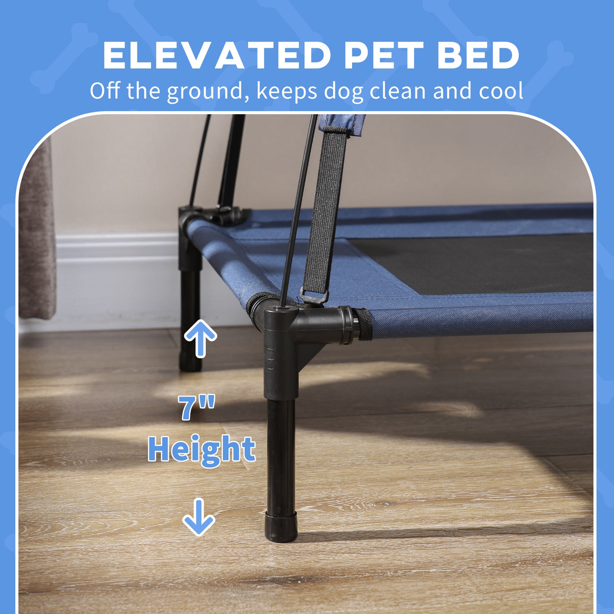 Elevated Portable Dog Cot Pet Bed With Uv Protection Canopy Shade, 36 Inch, Dark Blue