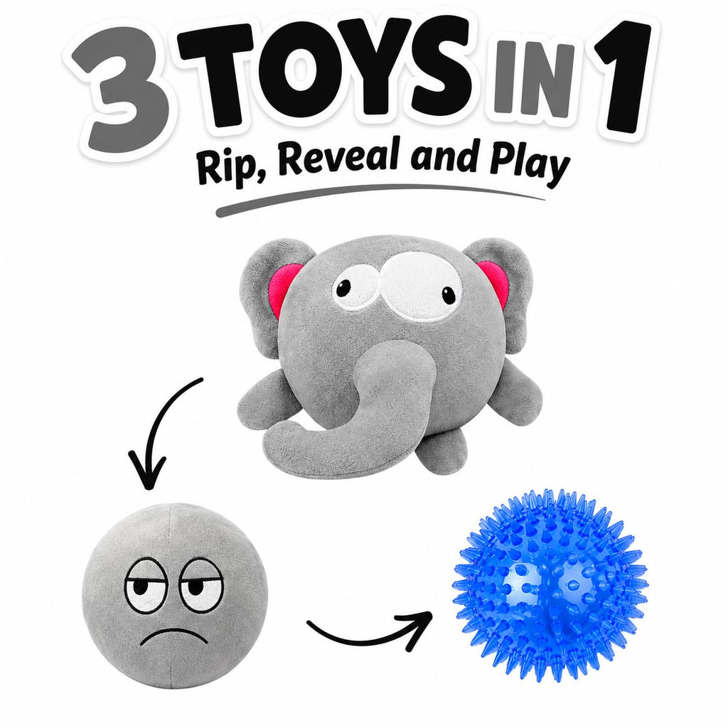 Dog Toy For Aggressive Chewers No Stuffing Crinkle Plush 3-In-1 Elephant , Durable Squeaky Bouncy Chew Ball Cleans Teeth, Power Chewer Puppy