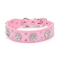 Cute Pu Leather Dog Collar Rhinestone Flower Pattern Studded Width Fit Small And Medium Dogs