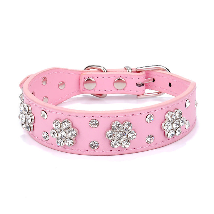 Cute Pu Leather Dog Collar Rhinestone Flower Pattern Studded Width Fit Small And Medium Dogs
