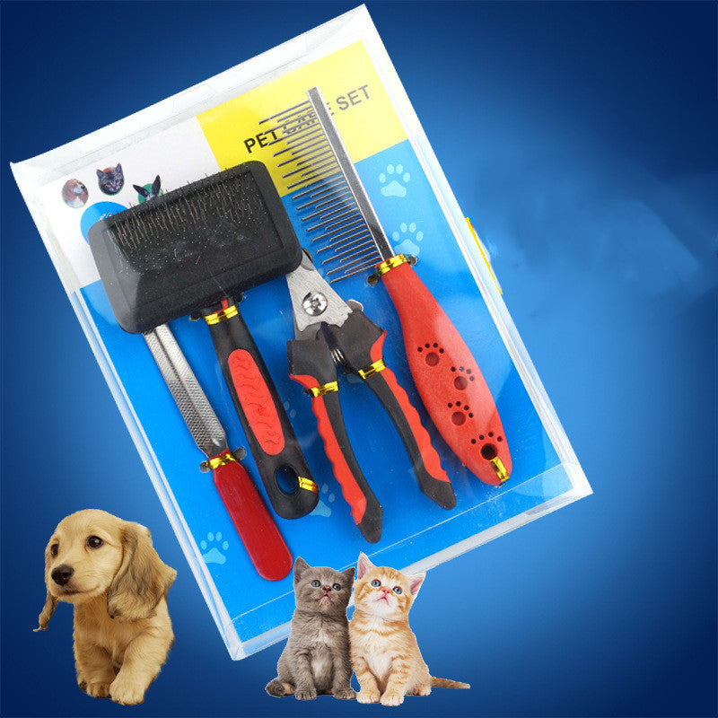 Dog Grooming Four-Piece Comb Brush Nail Scissors File Cleaning Kit