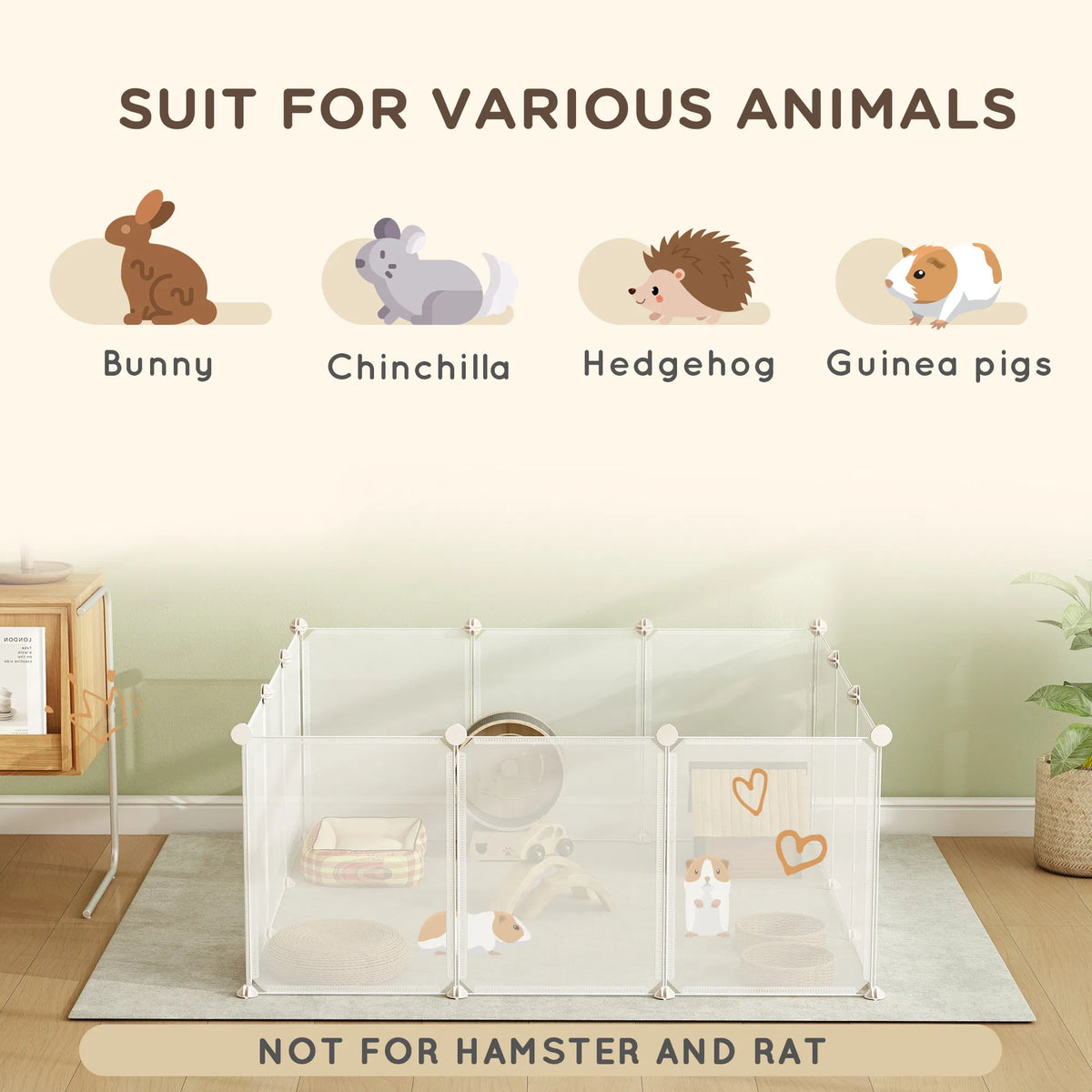 Small Animal Cage Plastic Chinchilla Cage 12 Panels For Bunny Chinchilla Guinea Pig, 18" X 14", White