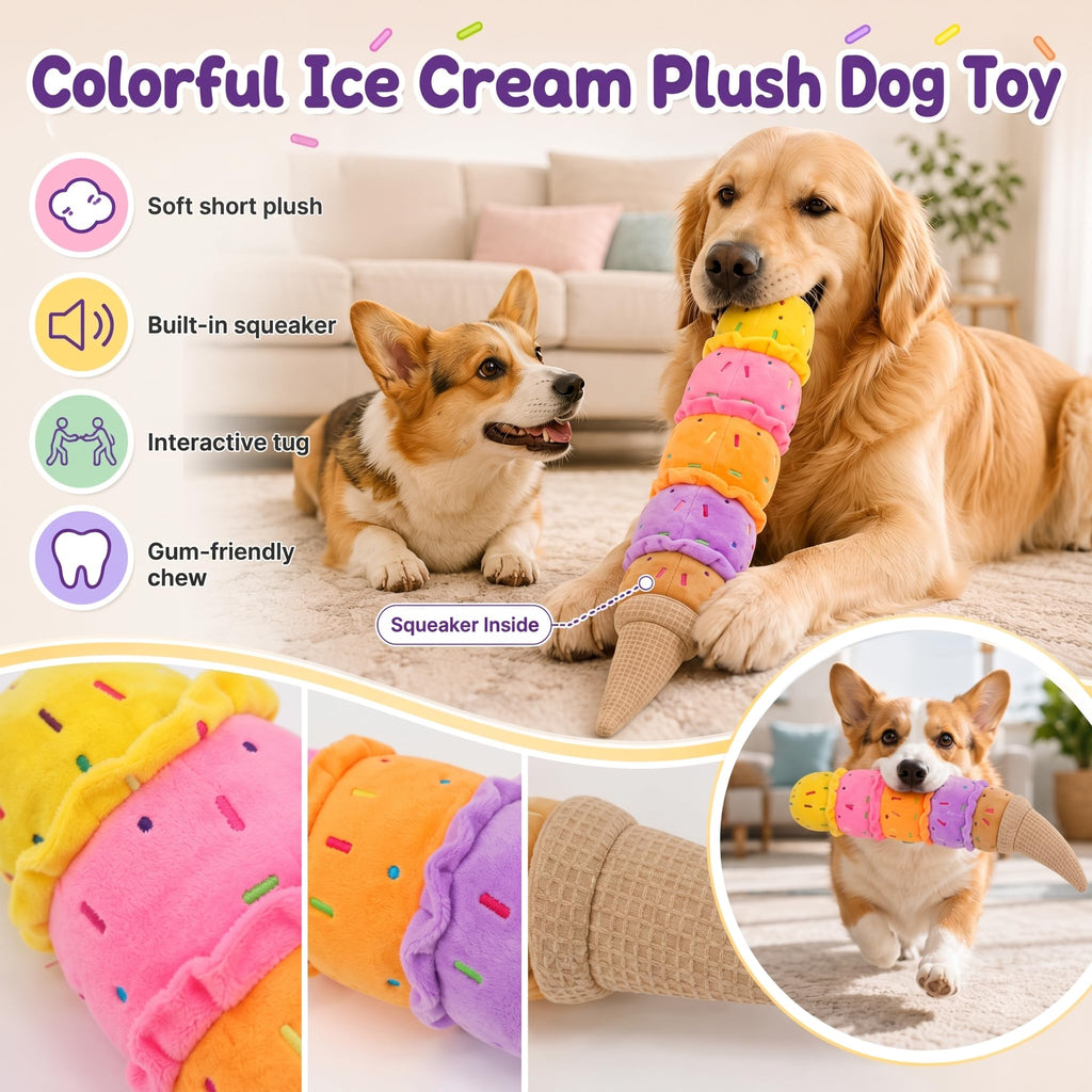 Squeaky Dog Plush Chew Toy, Interactive Tug Squeaky Toy For Chewers, Medium & Large Dogs & Fetch Play, 17.7 In Stuffed Rainbow Ice Cream Toy