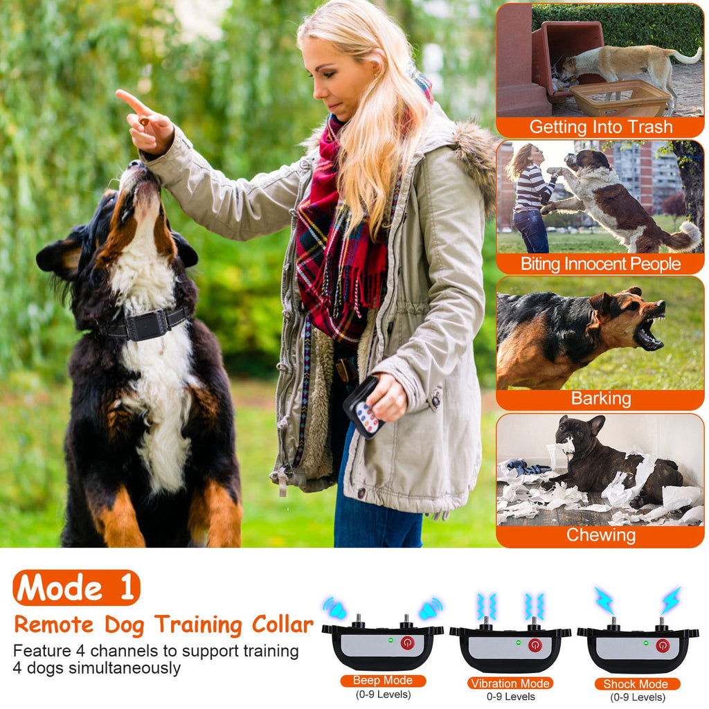 1Set 990Ft Range Dog Wireless Fence Remote Training Collar Ipx6 Waterproof Receiver With 0-9 Levels Beep Vibration Shock Mode 4 Channels Rec