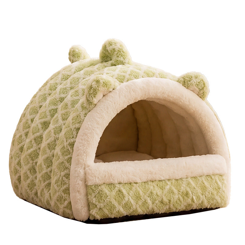 Portable Semi-Enclosed Dual-Use Warm Cloud-Feel Jacquard Diamond-Pattern Dog Bed