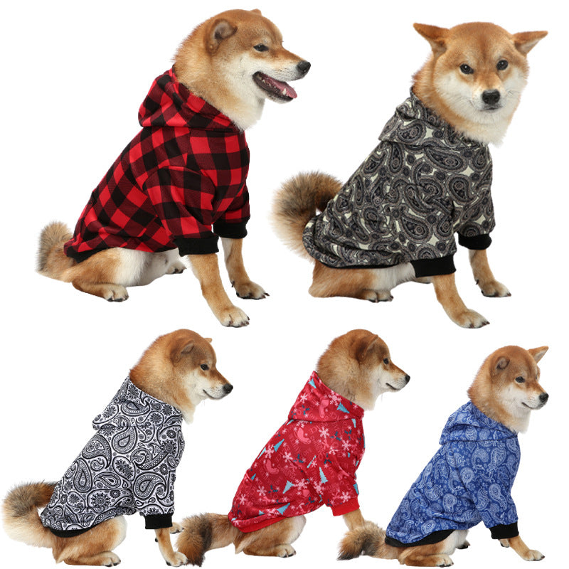 Christmas Dog Clothes Thickened Plaid Hooded Two-Leg Sweater