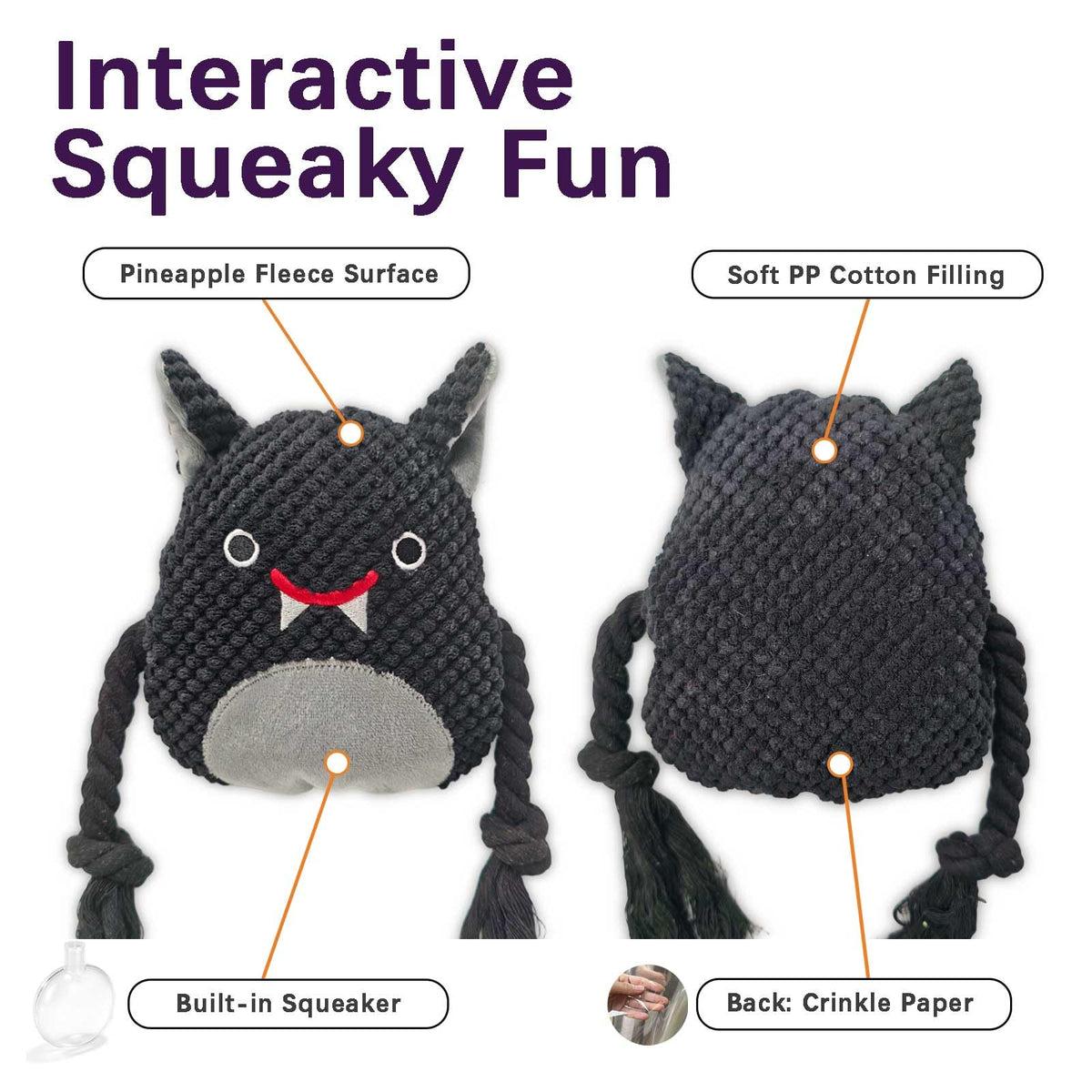 Black Bat Squeaky Plush Dog Chew Toy