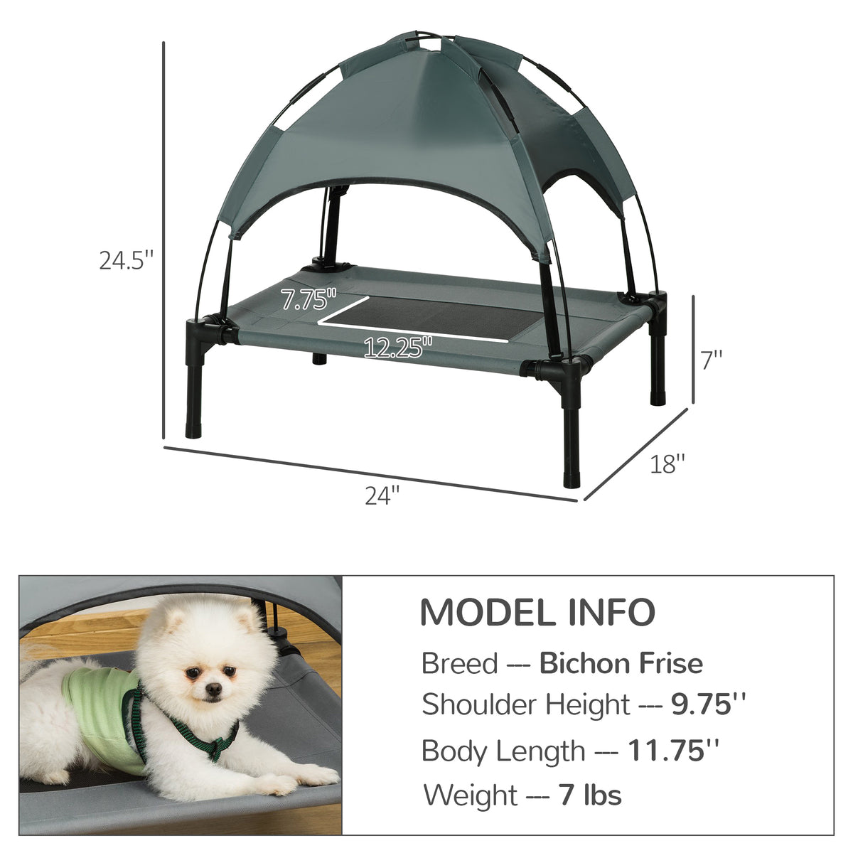 Elevated Dog Bed With Removable Canopy, Outdoor Dog Cot With Uv Protection Canopy Shade, 24 Inch Pet Bed For Camping, Gray