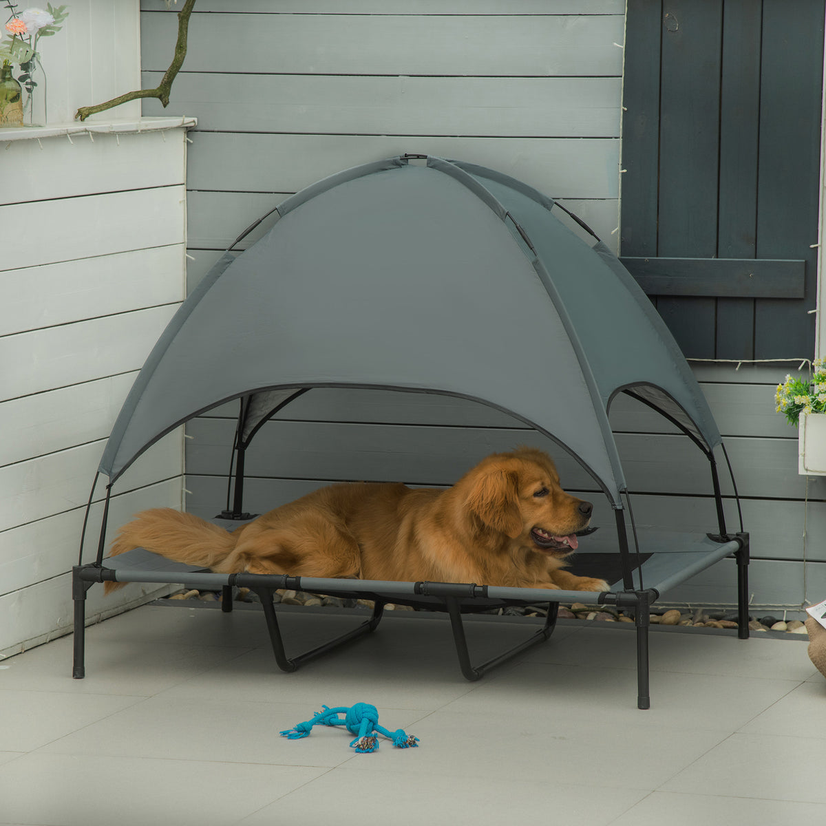 48" X 36" Elevated Portable Dog Cot Cooling Pet Bed With Uv Protection Canopy Shade