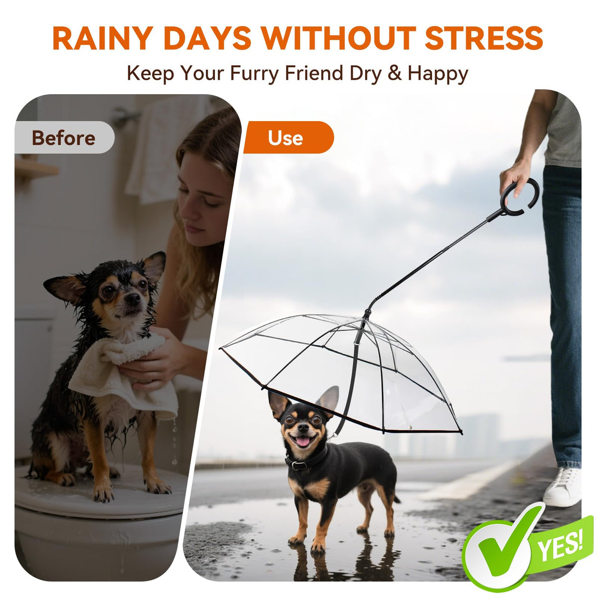 Dog Umbrella Small Breed, Clear Dog Umbrella Leash For Small Dogs, Keeps Dogs Dry Walking Rain, Doggie Rain Umbrella With Adjustable Leash,
