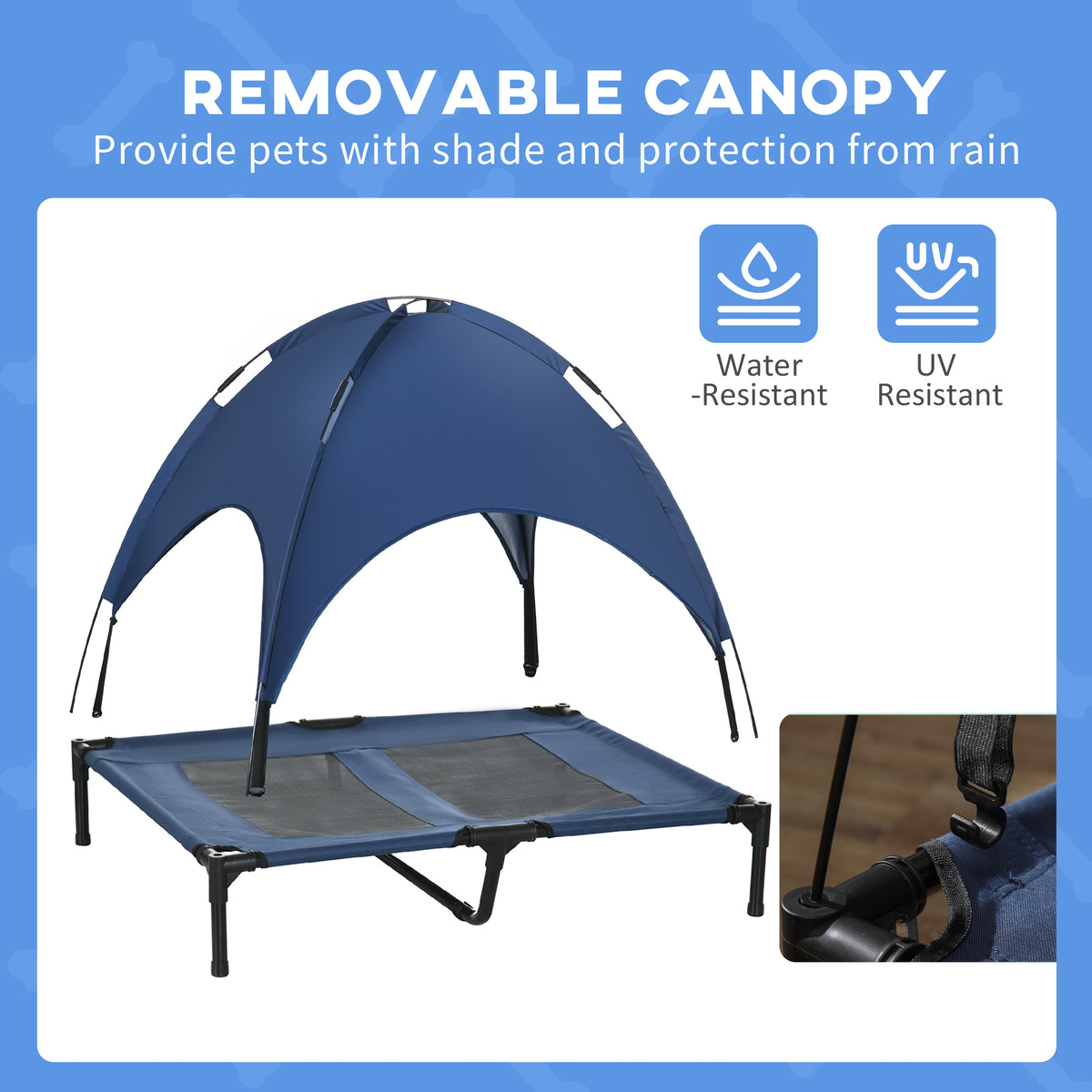 Elevated Portable Dog Cot Pet Bed With Uv Protection Canopy Shade, 36 Inch, Dark Blue