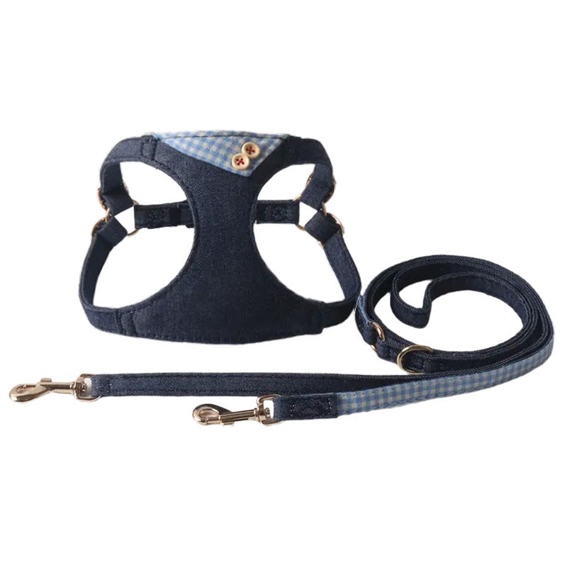 Dark Blue Patchwork Plaid Pet Harness Set