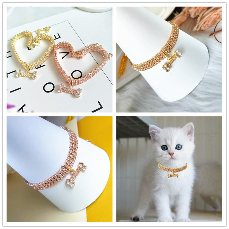 Three-Drain Drill Zircon Bone Pet Collar