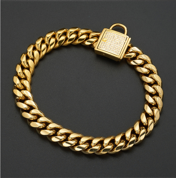 Gold Titanium Steel Dog Chain Collar