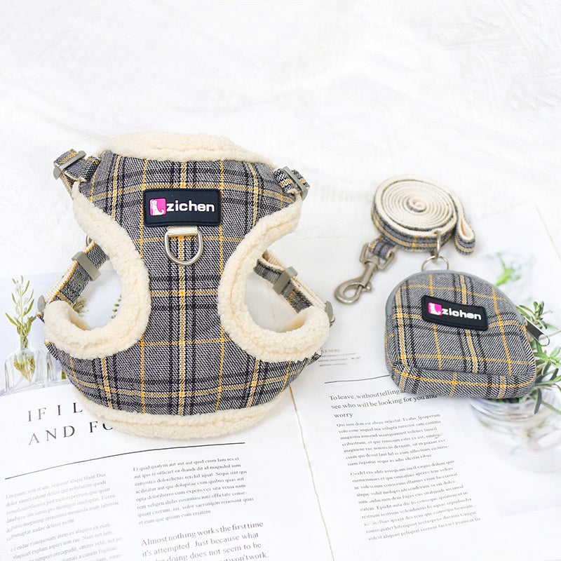 Plaid Dog Leash Vest with Fleece Lining