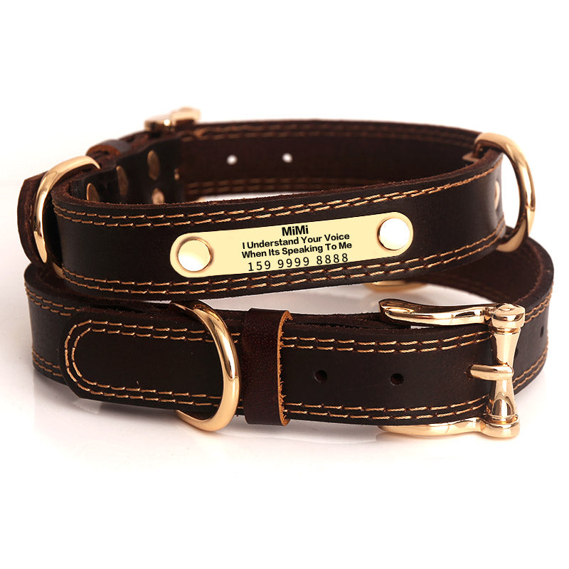 Genuine Leather Dog Collar With Engraved Nameplate