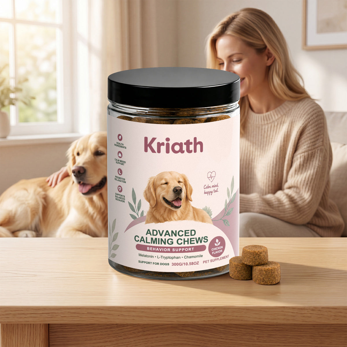 Kriath Dog Calming Chewable Tablets, Universal For Puppies And Adult Dogs, Daily Emotional Soothing And Nutritional Supplement Tablets For P