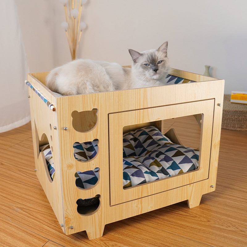 Integrated Wooden Double-Layer Pet Hammock Bed,Thick Cushion With Random Patterns