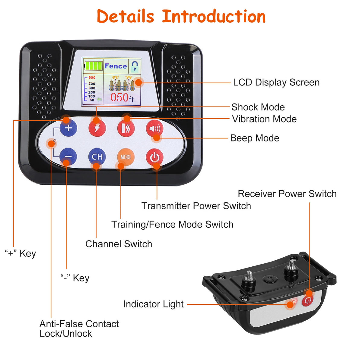 1Set 990Ft Range Dog Wireless Fence Remote Training Collar Ipx6 Waterproof Receiver With 0-9 Levels Beep Vibration Shock Mode 4 Channels Rec