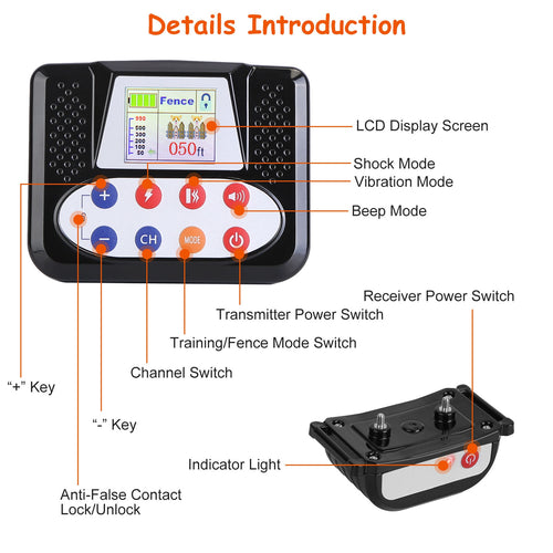 1Set 990Ft Range Dog Wireless Fence Remote Training Collar Ipx6 Waterproof Receiver With 0-9 Levels Beep Vibration Shock Mode 4 Channels Rec