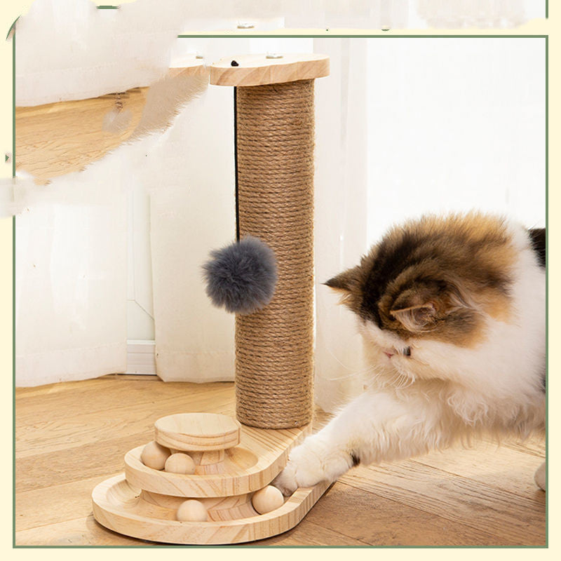 Sisal Toy Self-Healing Grab Column Solid Wood Three-Layer Turntable
