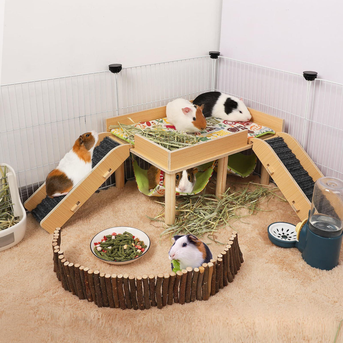Wooden Guinea Pig Double Hammock Nest With Removable Design And Ladder For Pet Cages