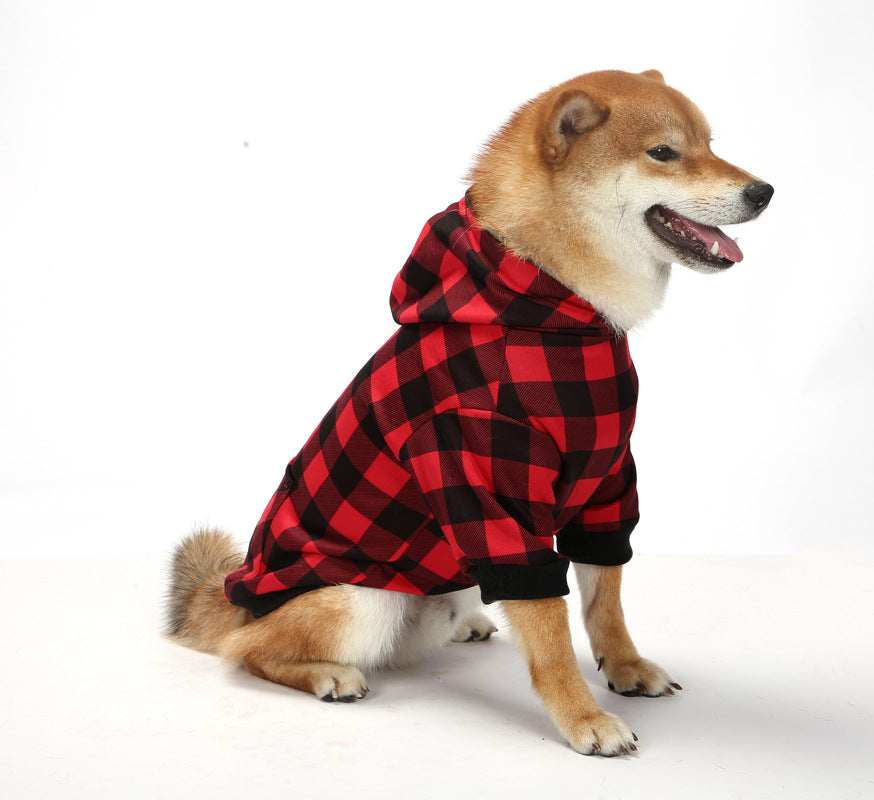 Christmas Dog Clothes Thickened Plaid Hooded Two-Leg Sweater