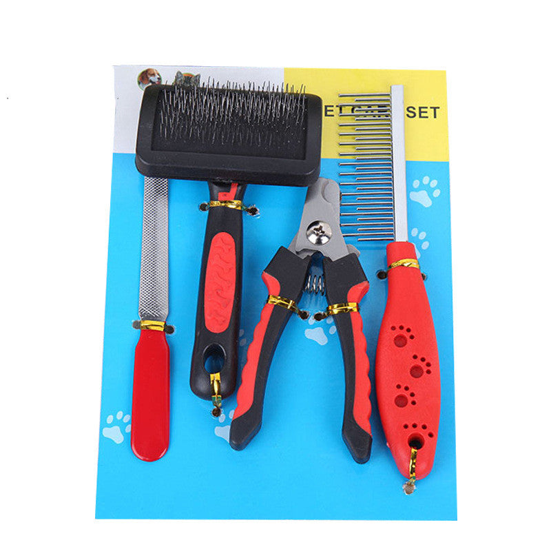 Dog Grooming Four-Piece Comb Brush Nail Scissors File Cleaning Kit