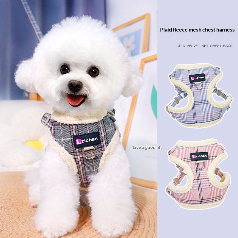 Plaid Dog Leash Vest with Fleece Lining