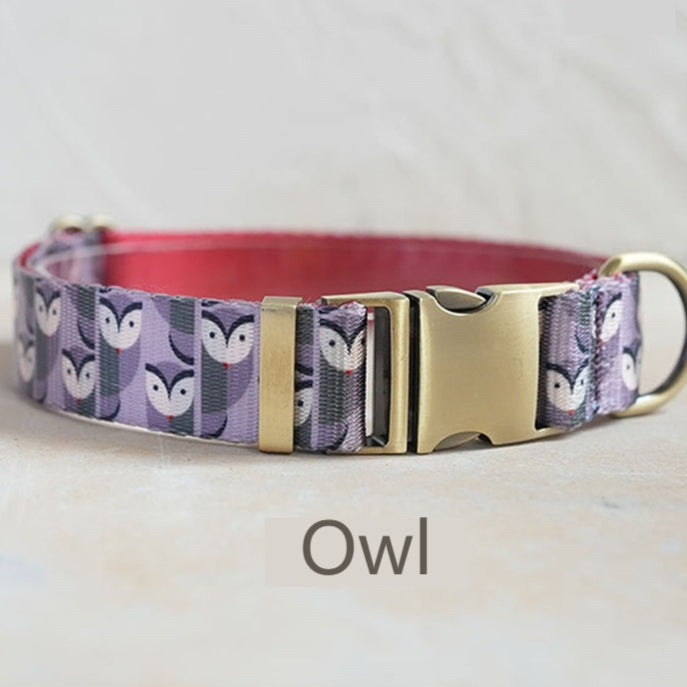 Printed Owl-Patterned Faux-Nylon Pet Collar