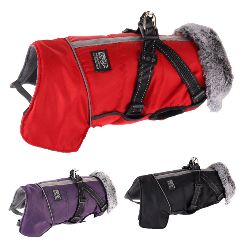 Pet Warm Fur Collar Cotton-Padded Jacketwaterproof Reflective Removable Chest And Back