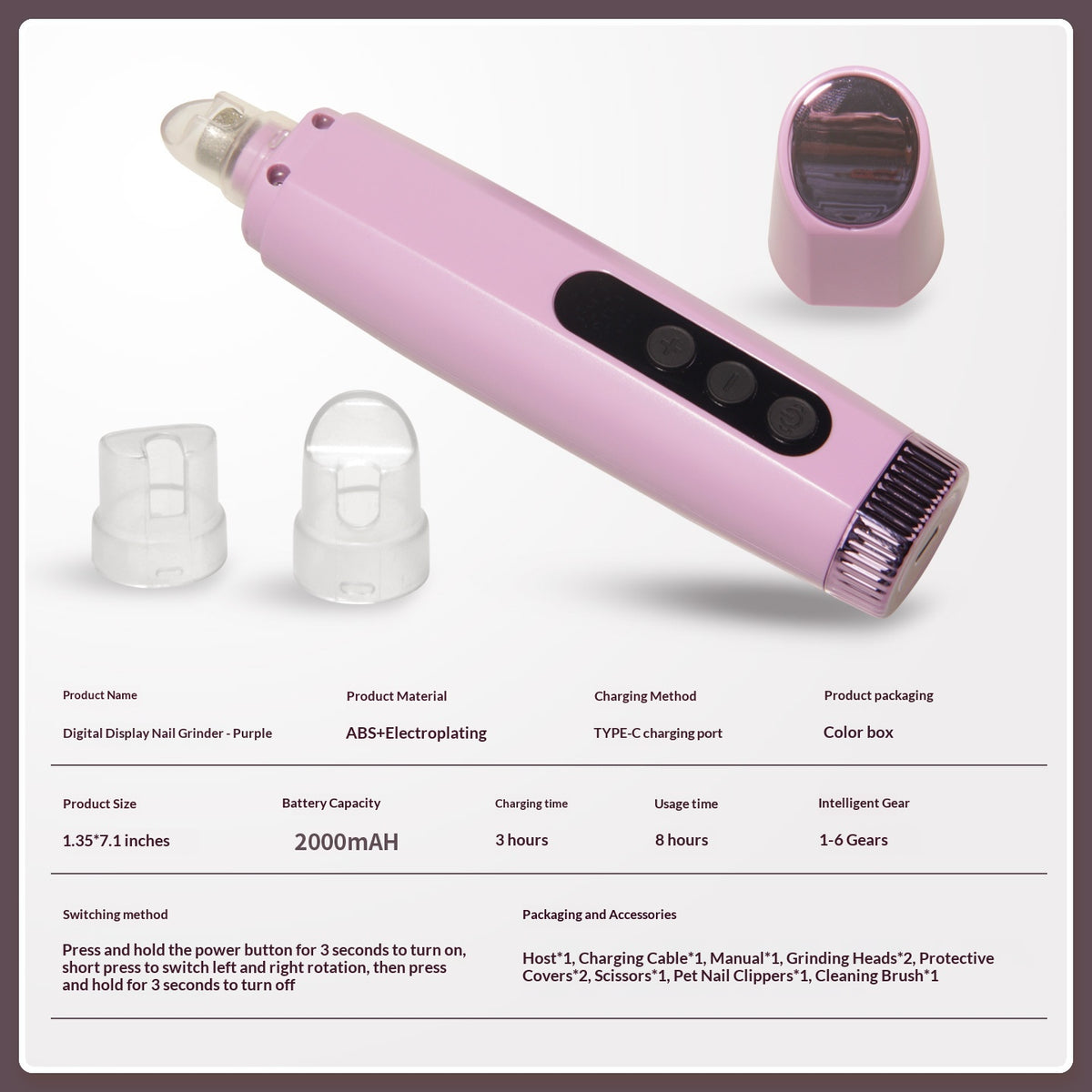Rechargeable Pet Nail Grinder With Six Speeds