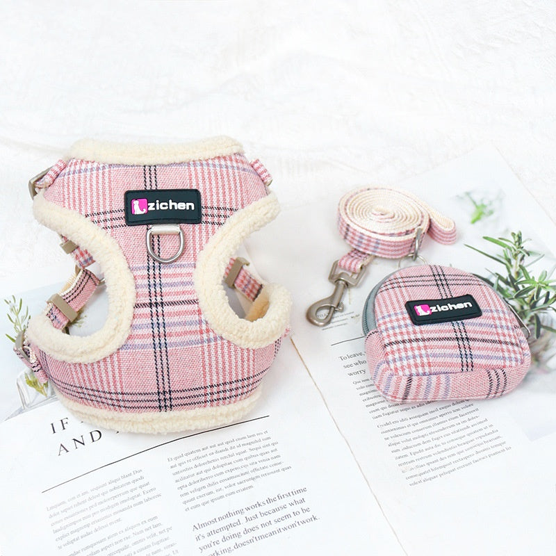 Plaid Dog Leash Vest with Fleece Lining