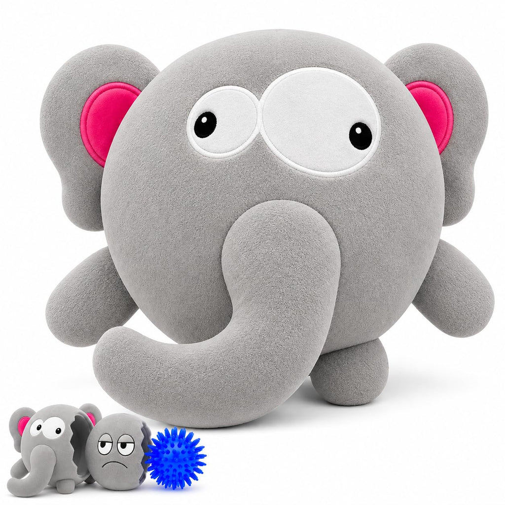 Dog Toy For Aggressive Chewers No Stuffing Crinkle Plush 3-In-1 Elephant , Durable Squeaky Bouncy Chew Ball Cleans Teeth, Power Chewer Puppy