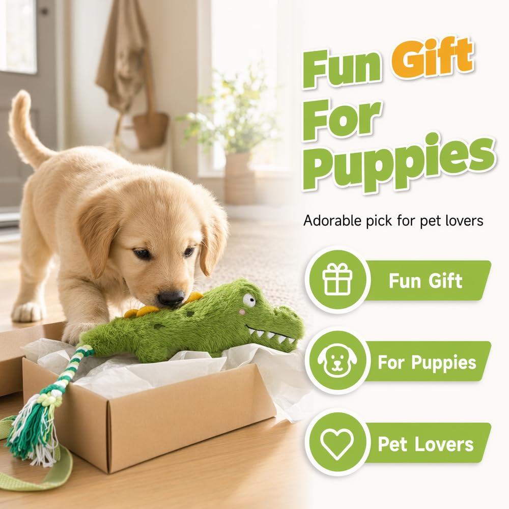 Fun Knotty Crocodile Dog Chew Toy For Interactive Play Cotton Rope And Squeaky Plush, Dog Toys For Chewers, Fetch And Tug-Of-War For Small T
