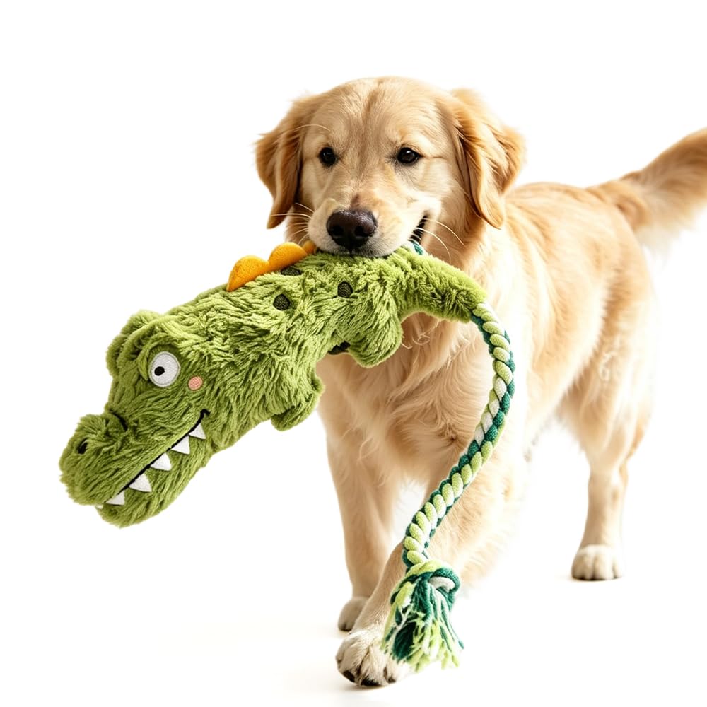 Fun Knotty Crocodile Dog Chew Toy For Interactive Play Cotton Rope And Squeaky Plush, Dog Toys For Chewers, Fetch And Tug-Of-War For Small T
