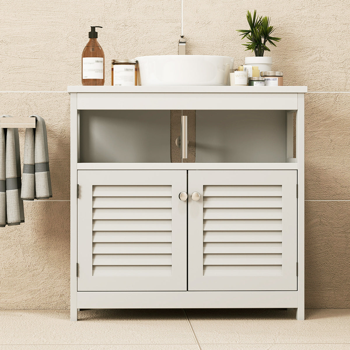 Wall Mounted Sink Plumbing Under Sink Storage Cabinet With 2 Doors Open Shelf U Shape Cut Out Wall Mounted Drainage Bathroom Under Sink Vani