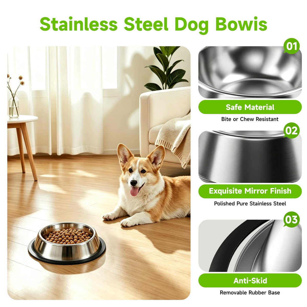 3-Pack Stainless Steel Non-Slip Dog Bowls