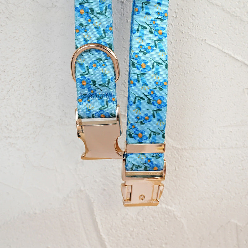 Blue Patterned Pet Collar With Metal Buckle