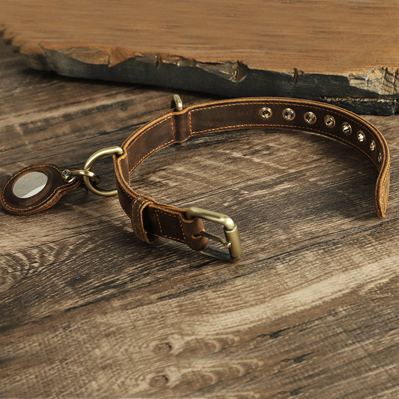 Retro Double-Sided Cowhide Dog Collar Handmade Halter Positioning Tracking Anti-Lost