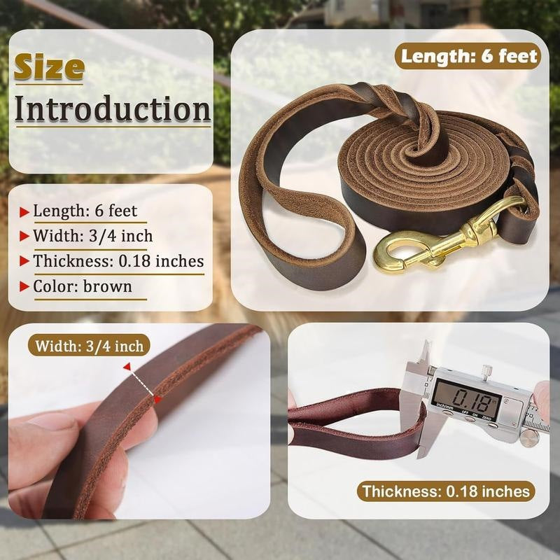 Genuine Leather Dog Leash Heavy Duty Pet Walking Lead With Ergonomic Non-Slip Handle For Medium And Large Breeds