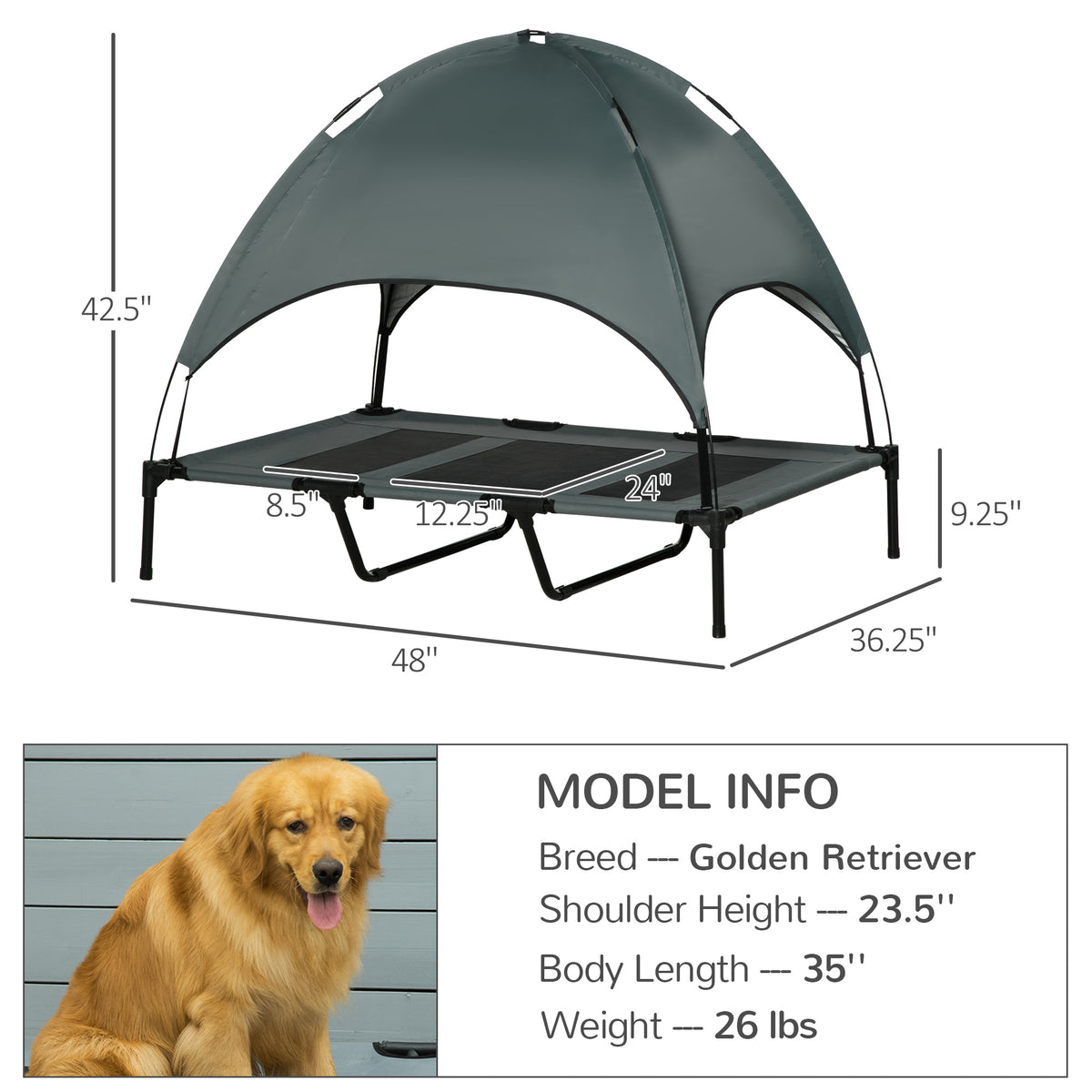 48" X 36" Elevated Portable Dog Cot Cooling Pet Bed With Uv Protection Canopy Shade