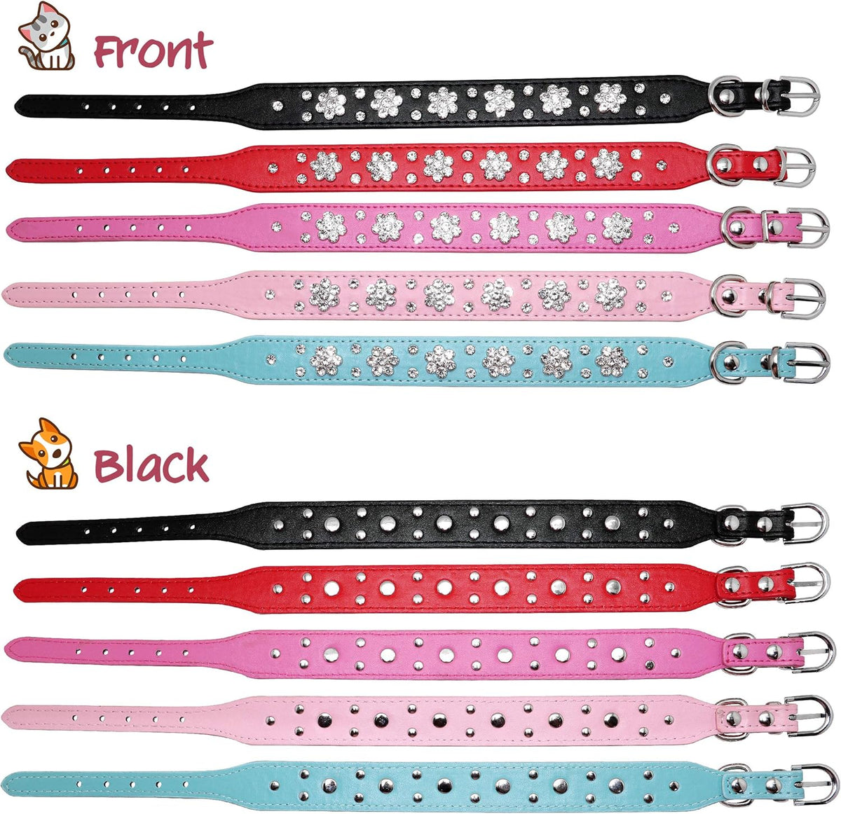 Cute Pu Leather Dog Collar Rhinestone Flower Pattern Studded Width Fit Small And Medium Dogs