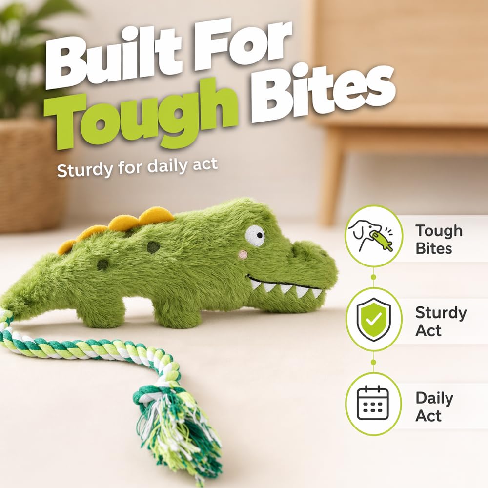 Fun Knotty Crocodile Dog Chew Toy For Interactive Play Cotton Rope And Squeaky Plush, Dog Toys For Chewers, Fetch And Tug-Of-War For Small T
