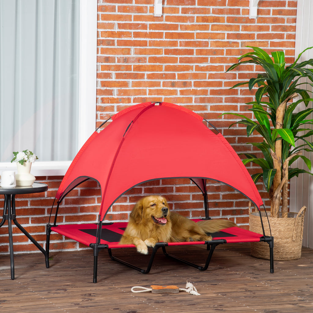 48" X 36" Elevated Portable Dog Cot Cooling Pet Bed With Uv Protection Canopy Shade, Red